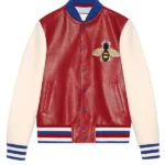Bee Embroided Bomber Style Leather Jacket