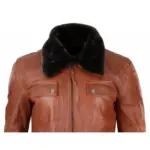 Mens Washed Rust Tan Brown Removable Fur Collar Pilot Leather Jacket Slim Fit - Image 5