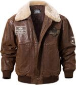 Mens Black Leather Bomber Jacket with White Collar